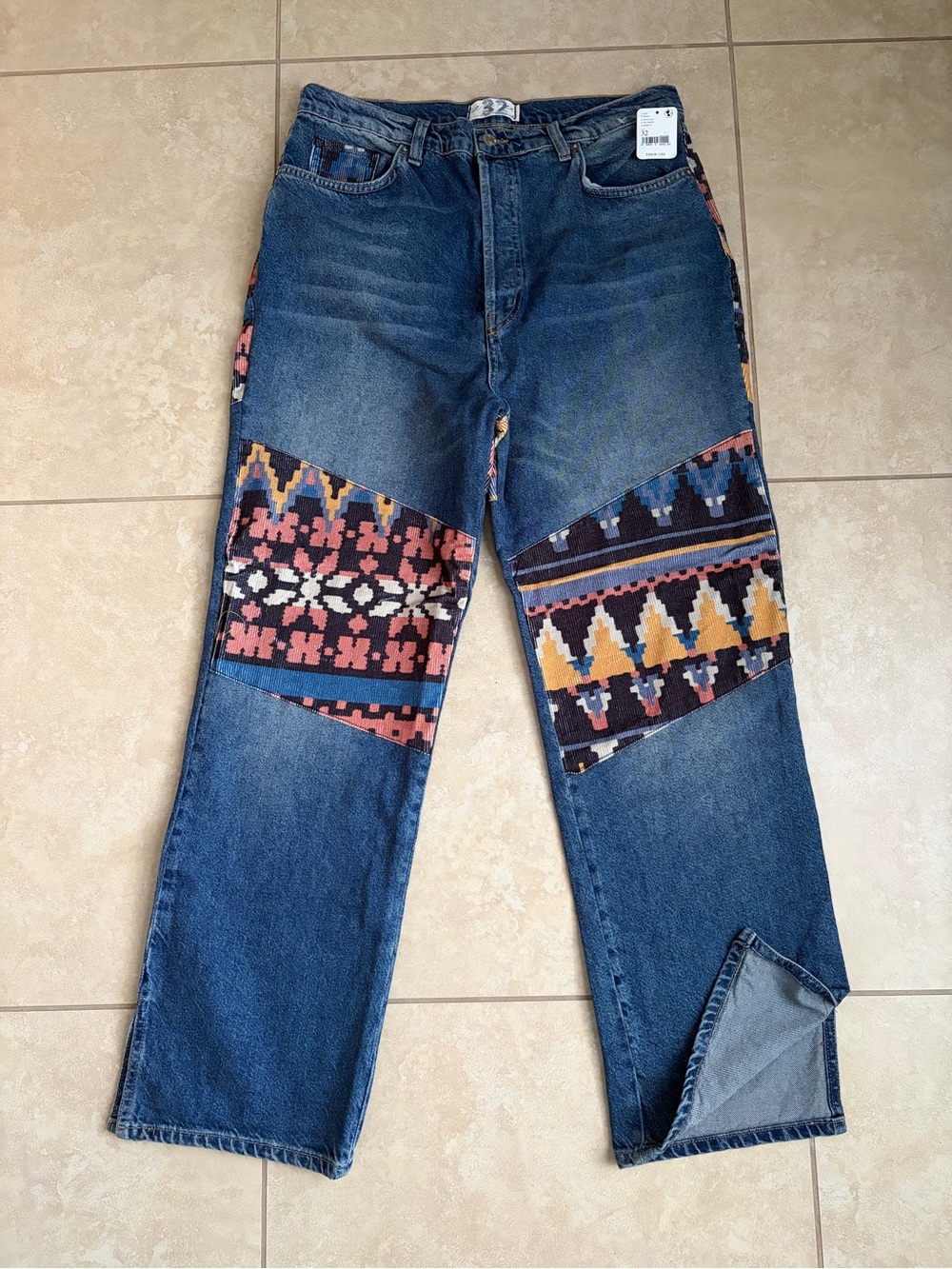 NWT We The Free Blue Denim Straight Leg Jeans with Multicolor Aztec Panels